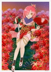  absurdres backlighting balancing_on_finger cup female field floral_print flower flower_field full_body hair_bun hair_ornament hair_over_eyes hair_stick highres holding holding_sword holding_weapon japanese_clothes katana lowleg lowleg_skirt open_mouth outdoors red_hair rope sakazuki sandals sash senningiri side_slit single_hair_bun sitting skirt smile solo spider_lily sword tenka_hyakken totonosyo weapon yellow_eyes zouri 