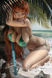  bikini cleavage nami official_watermark one_piece swimsuits tattoo wet zumi_(zumidraws) 