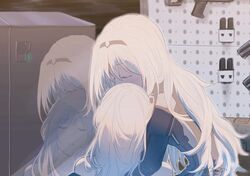  2girls ak-12_(girls&#039;_frontline) an-94_(girls&#039;_frontline) artist_name black_hairband blonde_hair blush chinese_commentary closed_eyes closed_mouth commentary_request girls&#039;_frontline grey_hair gun hairband highres hug hug_from_behind long_hair multiple_girls open_mouth purinmeow simple_background tactical_clothes upper_body weapon weapon_on_wall yuri 