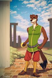  2019 3_toes anthro armor barefoot cira_nova clothing feet greaves hand_on_hip hi_res looking_away male mammal melee_weapon mustelid musteline outside plantigrade ruins sabre_(weapon) shirt sleeveless solo stoat sword toes topwear true_musteline tunic warrior weapon weasel 