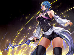  aqua_(kingdom_hearts) bare_shoulders bike_shorts black_thighhighs blue_eyes blue_hair breasts closed_mouth commentary corset detached_sleeves female fire gloves keyblade kingdom_hearts kingdom_hearts_birth_by_sleep rainfell rejean_dubois short_hair solo thighhighs 