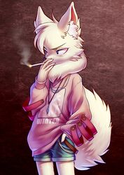  5_fingers abstract_background anthro black_eyes black_nose blonde_eyebrows canid canine cigarette cigarette_smoke clothing cowlick english_text eyebrows ffjjfjci fingers fur hair hand_in_pocket hi_res inner_ear_fluff jewelry kemono li_donghuo_(ffjjfjci) male mammal neck_tuft necklace pockets raised_arm shadow shirt simple_background smoke smoking smoking_cigarette solo standing tan_body tan_fur text text_on_clothing text_on_shirt text_on_topwear topwear tuft white_background 