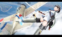  1other a6m_zero animal_ears black_hair blue_one-piece_swimsuit blunt_bangs blurry blurry_background brown_eyes closed_mouth cloud commentary day depth_of_field dog_ears dog_girl dual_persona eyepatch female flying frown gun highres holding holding_gun holding_sword holding_weapon jacket katana kk90 long_hair long_sleeves looking_at_viewer machine_gun military military_uniform no_pants old_school_swimsuit one-piece_swimsuit outdoors pilot ponytail propeller roundel sakamoto_mio scenery school_swimsuit strike_witches striker_unit swimsuit swimsuit_under_clothes sword type_99_cannon uniform weapon white_jacket world_witches_series 