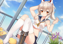  arm_behind_head arm_up ass asymmetrical_legwear ayanami_(azur_lane) azur_lane bandaged_leg bandages bandaid bare_shoulders bird black_footwear blue_sailor_collar blue_skirt blue_sky boots breasts brown_hair chick chinese_commentary closed_mouth cloud collarbone commentary_request crop_top crop_top_overhang day dutch_angle envelope female flower groin hand_up headgear iris_(flower) kana_(kuaua) kneehighs knees_up long_hair looking_at_viewer manjuu_(azur_lane) midriff miniskirt mismatched_legwear necktie orange_eyes panties panty_peek ponytail purple_flower sailor_collar school_uniform serafuku shirt single_boot sitting skirt sky sleeveless sleeveless_shirt small_breasts socks solo stomach thighhighs underwear uneven_legwear white_shirt white_socks white_thighhighs wristband 