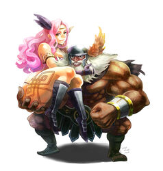  1boy alternate_hair_color amazon_(dragon&#039;s_crown) armlet armor beard bikini_armor boots circlet commentary_request dated dragon&#039;s_crown dwarf_(dragon&#039;s_crown) facial_hair feather_hair_ornament feathers female greaves hair_ornament holding long_hair looking_at_viewer mizuki_apple muscular pink_hair signature simple_background smile tattoo thick_thighs thighs white_background yellow_eyes 