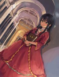  arch black_hair brown_eyes collar commentary_request dress earrings female highres jewelry kikiki_(hiya_mikan) long_hair sex_no_sasoi-kata smile solo 