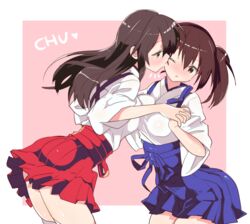  2girls akagi_(kancolle) blush breasts brown_eyes brown_hair commentary_request dodoria367 hakama hakama_short_skirt hakama_skirt hand_grab holding_hands interlocked_fingers japanese_clothes kaga_(kancolle) kantai_collection kissing large_breasts long_hair multiple_girls side_ponytail skirt wince yuri 