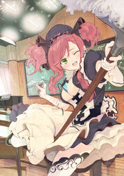  beamed_sixteenth_notes blush breasts cellphone chair chalkboard classroom cleavage cleavage_cutout clothing_cutout commentary_request curved_ceiling desk dress earphones eighth_note female frilled_dress frills furukawa_itsuse gloves green_eyes half_note hat heart heart_cutout highres instrument leg_up light_particles lights looking_at_viewer maid medium_breasts moe2015 mop music_stand musical_note no_bra one_eye_closed open_mouth original phone piano pocket protractor quarter_note red_hair school_desk short_sleeves smile solo thighhighs treble_clef twintails unconventional_guitar white_gloves white_thighhighs wooden_floor 