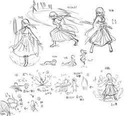  bad_id bad_twitter_id female fighting_stance full_body greyscale holding holding_sword holding_weapon mahou_shoujo_madoka_magica mahou_shoujo_suzune_magica mikoto_tsubaki monochrome multiple_views official_art ready_to_draw reference_sheet senri_gan simple_background slashing standing sword weapon white_background 