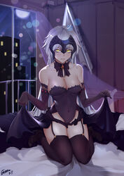  absurdres bed black_dress black_footwear black_gloves black_skirt black_thighhighs breasts choker clothes_lift commentary_request dress elbow_gloves fate/grand_order fate_(series) female garter_straps gins gloves headpiece high_heels highres indoors jeanne_d&#039;arc_alter_(avenger)_(fate) jeanne_d&#039;arc_alter_(fate) jeanne_d&#039;arc_alter_(holy_night_supper)_(fate) large_breasts lifting_own_clothes long_hair moon night night_sky off-shoulder_dress off_shoulder seiza showgirl_skirt sitting skirt skirt_lift sky solo thighhighs white_hair yellow_eyes 