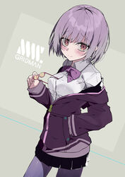  bad_id bad_pixiv_id blush bow breasts collared_shirt commentary_request female glasses gridman_universe highres jacket large_breasts light_purple_hair long_sleeves looking_at_viewer off_shoulder pantyhose purple_jacket red_eyes school_uniform shinjou_akane shirt short_hair skirt smile solo ssss.gridman toake_mikage white_shirt 