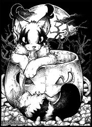  2018 ambiguous_gender bone candy candy_corn clothing dessert domestic_cat felid feline felis feral food halloween holidays jack-o&#039;-lantern mammal monochrome moon o-kemono panties plant pussycat_(o-kemono) solo tree underwear 