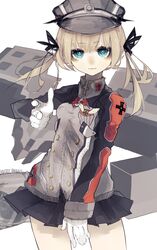  blonde_hair blue_eyes commentary_request cowboy_shot female gloves hat highres kantai_collection military military_uniform peaked_cap prinz_eugen_(kancolle) riuichi solo swastika twintails uniform 