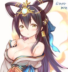  :o bad_id bad_pixiv_id black_hair blush breasts cleavage clenched_hand female hair_rings hair_tubes half_updo headdress izanami_(p&amp;d) large_breasts long_hair looking_at_viewer mashiro_miru mirror off_shoulder puzzle_&amp;_dragons sash solo twitter_username yellow_eyes 