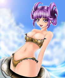  1041_(toshikazu) :d adapted_costume alternate_costume bikini breasts cleavage cloud female innertube looking_at_viewer midriff navel open_mouth purple_eyes purple_hair short_hair sky smile solo soul_calibur soulcalibur_iii swimsuit tira tira_(soulcalibur) 