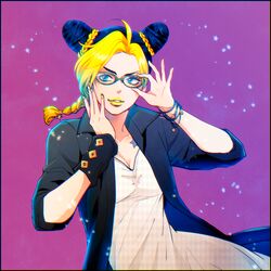  black_border blonde_hair blue_eyes blue_hair border bracelet braid breasts cleavage commentary_request cone_hair_bun double_bun dress fashion female glasses gradient_background hair_bun jacket jewelry jojo_no_kimyou_na_bouken kujo_jolyne lipstick makeup medium_breasts multicolored_hair single_braid solo star_(symbol) star_tattoo stone_ocean tattoo two-tone_hair white_dress wristband yellow_lips yokozawa_(pyu-tohuku) 