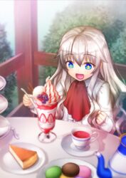  bangs blue_eyes eelde_(nakaishow) eyebrows_visible_through_hair female food hair_between_eyes ice_cream lolicon long_hair long_sleeves nakaishow open_mouth parfait shirt silver_hair spoon symbol-shaped_pupils wavy_hair white_shirt 