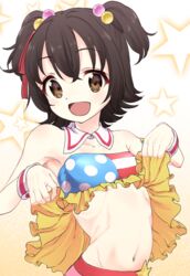  :d akagi_miria bad_id bad_pixiv_id black_hair blush brown_eyes clothes_lift detached_collar female hair_bobbles hair_ornament hair_ribbon hisayaki_kyuu idolmaster idolmaster_cinderella_girls looking_at_viewer midriff navel open_mouth pikapikapop_(idolmaster) ribbon shirt_lift short_hair smile solo two_side_up wristband 