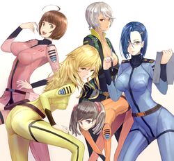  5girls :d ahoge ass belt bent_over blonde_hair blue_hair bob_cut bodysuit breasts brown_eyes brown_hair cleavage glasses green_eyes hair_ornament hair_over_one_eye hairclip harada_makoto hidezi large_breasts leaning_forward long_hair looking_at_viewer misaki_yuria mori_yuki multiple_girls niimi_kaoru open_mouth pilot_suit red_eyes shiny shiny_clothes short_hair silver_hair skin_tight smile standing twintails uchuu_senkan_yamato uchuu_senkan_yamato_2199 uniform white_background yamamoto_akira yellow_eyes 