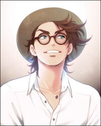  1boy alternate_costume black_border border brown_hair collarbone collared_shirt commentary_request glasses gradient_background green_eyes grin hat jojo_no_kimyou_na_bouken joseph_joestar joseph_joestar_(young) looking_to_the_side male_focus shirt smile solo star_(symbol) star_tattoo tattoo upper_body white_shirt yokozawa_(pyu-tohuku) 