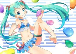  anklet aqua_hair barefoot bikini blue_eyes blush breasts collarbone commentary_request feet female frilled_bikini frills fuusen_neko grin hatsune_miku jewelry legs long_hair navel pointing pointing_at_viewer skirt small_breasts smile solo swimsuit toes twintails very_long_hair vocaloid water_balloon 