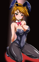  animal_ears black_leotard black_pantyhose bow bowtie breasts brown_eyes brown_hair cleavage commentary_request cure_black detached_collar female futari_wa_precure highres leotard midori_(bar_midori) misumi_nagisa pantyhose photoshop_(medium) playboy_bunny precure rabbit_ears rabbit_tail red_bow red_bowtie short_hair solo strapless strapless_leotard swept_bangs tail 