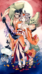  1boy animal_ears breasts commentary_request female fox_ears fox_tail grabbing grabbing_another&#039;s_breast highres izuna_jinkuro japanese_clothes kimono kongiku lantern large_breasts oboro_muramasa photoshop_(medium) silver_hair straight tail vanillaware yoshida_tooru 