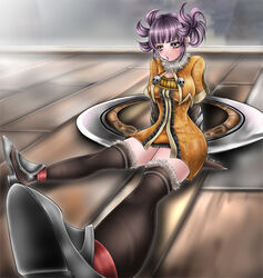  1041_(toshikazu) alternate_costume blade blush brown_legwear female fur_trim jewelry mole purple_eyes purple_hair ring sitting solo soul_calibur soulcalibur_iii thighhighs thighs tira tira_(soulcalibur) weapon 