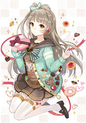  apring black_footwear bow box brown_eyes brown_hair cake candy chocolate cookies female female food hairbow headphones heart long_hair looking_at_camera looking_at_viewer love_live!_school_idol_project microphone minami_kotori solo sweets thighhighs valentine wings yellow_eyes 