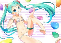  anklet aqua_hair barefoot bikini blue_eyes blush breasts collarbone commentary_request feet female fuusen_neko grin hatsune_miku jewelry legs long_hair navel pointing pointing_at_viewer small_breasts smile solo swimsuit toes twintails very_long_hair vocaloid water_balloon white_bikini 