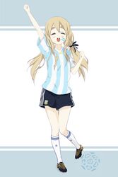  2010 2010_fifa_world_cup ^_^ alternate_hairstyle argentina argentinian_flag argentinian_flag_print arm_up black_shorts blonde_hair blue_shirt blush cleats clenched_hands closed_eyes commentary_request emblem facepaint female flag_print food full_body hair_between_eyes highres k-on! kneehighs kotobuki_tsumugi long_hair low_twintails open_mouth outstretched_arm raised_fist revision rokujou_jun shirt short_sleeves shorts soccer_uniform socks solo sportswear striped_clothes striped_shirt striped_socks takuan thick_eyebrows twintails vertical-striped_clothes vertical-striped_shirt white_shirt white_socks world_cup 