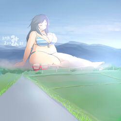  banned_artist bikini black_hair breasts cleavage closed_eyes day eyewear_removed field giantess glasses large_breasts long_hair mikomu mountain open_mouth original plump red-framed_eyewear road smoke solo striped striped_bikini swimsuit 