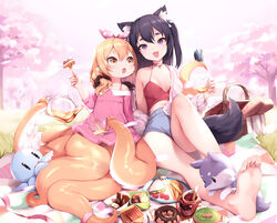  2girls :d :o animal_ears animal_hands artist_name baguette bare_shoulders barefoot basket black_hair black_scrunchie blanket blonde_hair blue_ribbon blue_shorts box bread breasts bug butterfly cameltoe cherry_blossoms collarbone commentary cookie cup day denim denim_shorts doughnut dress feet food fork fox fox_ears fox_tail full_body grass hair_ornament hair_over_shoulder hair_ribbon hair_scrunchie hanami head_tilt holding holding_cup holding_fork horizontal_pupils kisero_(kyuri_tizu) knee_up kyuri_tizu long_hair long_sleeves looking_at_viewer low_twintails monster_girl multiple_girls octopus off_shoulder one_side_up open_mouth orange_eyes original outdoors pink_dress plate pointy_ears polka_dot polka_dot_ribbon purple_eyes ribbon sandwich scrunchie scylla short_shorts shorts single_bare_shoulder small_breasts smile soles spring_onion syrene_(kyuri_tizu) tail tareme teacup tentacle toes tree twintails 