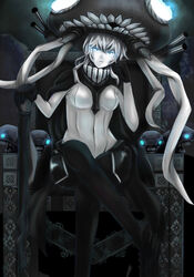  abyssal_ship bad_id bad_pixiv_id black_cape black_gloves blue_eyes cane cannon cape closed_mouth crossed_legs expressionless female gloves glowing glowing_eyes hand_on_cane head_rest i-class_destroyer kantai_collection looking_at_viewer pale_skin photoshop_(medium) rigging shimizu_yuito sitting solo teeth throne white_hair wo-class_aircraft_carrier 