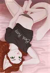  2018 4_toes anthro black_clothing black_panties black_underwear brown_hair clothing detailed_background digital_media_(artwork) digitigrade domestic_cat ear_piercing feet felid feline felis female fur green_eyes hair hand_on_leg hand_on_thigh hi_res kyotoleopard looking_at_viewer mammal navel panties piercing pink_body pink_fur red_hair sherry smile solo spread_legs spreading toes underwear 