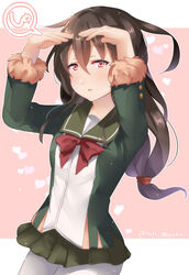  ahoge bad_id bad_pixiv_id black_hair blush bow commentary_request cosplay female fur_trim green_jacket green_skirt hair_between_eyes hatsushimo_(kancolle) jacket juurouta kantai_collection long_hair long_sleeves looking_at_viewer low-tied_long_hair pantyhose parted_lips pink_background pleated_skirt pun red_bow red_eyes shimushu_(kancolle) shimushu_(kancolle)_(cosplay) shimushu_pose shirt skirt solo translation_request twitter_username white_pantyhose white_shirt 