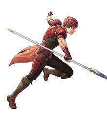  1boy armor boots cuboon fingerless_gloves fire_emblem fire_emblem_echoes:_shadows_of_valentia fire_emblem_heroes full_body gloves highres lukas_(fire_emblem) male_focus official_art polearm red_armor red_eyes red_hair simple_background solo spear weapon white_background 