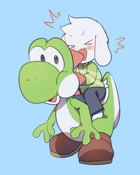  asriel_dreemurr blush boss_monster_(undertale) bovid caprine closed_eyes clothed clothing conditional_dnp crossover crybleat floppy_ears green_yoshi happy lolicon male mammal mario_bros nintendo open_mouth reptile riding scalie undertale undertale_(series) yoshi young 