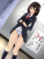  arrow_(symbol) black_hair black_jacket black_skirt black_socks blazer blush brown_eyes buttons clothes_lift collared_shirt commentary_request day diagonal-striped_clothes diagonal-striped_necktie dutch_angle feet_out_of_frame female highres indoors jacket kneehighs locker long_sleeves looking_at_viewer medium_hair necktie nonaka_ritsu open_mouth original panties scarf school_uniform shiny_skin shirt sign skirt skirt_lift socks solo striped_clothes striped_necktie striped_panties touka_(nonaka_ritsu) translated underwear white_shirt window wing_collar 