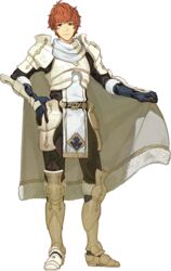  1boy armor armored_boots boots cape conrad_(fire_emblem) fire_emblem fire_emblem_echoes:_shadows_of_valentia full_body fur_trim gloves hidari_(left_side) male_focus official_art orange_eyes orange_hair solo transparent_background white_armor 