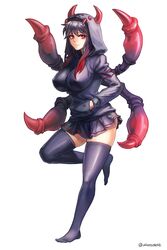  &gt;:( aken arthropod_girl black_hair black_skirt black_thighhighs breasts broodmother_(dota) closed_mouth commentary_request dota_(series) dota_2 extra_arms female frown full_body gradient_hair hands_in_pockets highres hood hood_up hooded_spider_girl_(arachnia) hoodie large_breasts leg_up long_sleeves looking_at_viewer miniskirt monster_girl multicolored_hair no_shoes original red_eyes red_hair red_stripes simple_background skirt solo spider_girl thighhighs twitter_username v-shaped_eyebrows white_background 