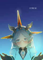  backlighting black_gloves blue_eyes blush commentary english_text female glasses gloves granblue_fantasy hairband harvin highres juliet_sleeves long_hair long_sleeves looking_at_viewer pointy_ears puffy_sleeves semi-rimless_eyewear smile solo upper_body walkalone white_hair zahlhamelina 