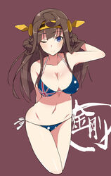  ahoge arm_behind_back arm_up australian_flag australian_flag_bikini australian_flag_print bad_id bad_pixiv_id bare_shoulders bikini blue_bikini blue_eyes breasts brown_background brown_hair cleavage female flag_print kantai_collection kongou_(kancolle) large_breasts long_hair looking_at_viewer maze_(gochama_ze_gohan) one_eye_closed photoshop_(medium) print_bikini side-tie_bikini_bottom solo string_bikini swimsuit union_jack 