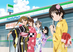  5girls :d absurdres alternate_hairstyle black_hair bow brown_hair camera cloud convenience_store day familymart flower grin hair_bun hair_flower hair_ornament hairbow hanawa_kaoru highres japanese_clothes kimono mitani_kanae multiple_girls official_art okazaki_norie one_eye_closed open_mouth outstretched_arm product_placement sakurada_maon sawatari_fuu shop short_hair single_hair_bun sky smile striped tamayura twintails two_side_up vertical_stripes yukata 