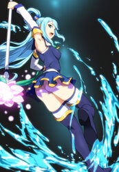  aqua_(konosuba) armpits ass bare_shoulders blue_eyes blue_hair commentary_request detached_sleeves enfuku female hair_ornament hydrokinesis kono_subarashii_sekai_ni_shukufuku_wo! long_hair no_panties open_mouth single_hair_ring skirt solo staff thighhighs very_long_hair water 