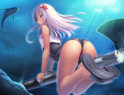  ass blue_eyes bubble commentary_request female fish flower hair_flower hair_ornament kantai_collection long_hair looking_at_viewer luupechi one-piece_swimsuit ro-500_(kancolle) school_swimsuit solo swimsuit torpedo underwear white_hair 