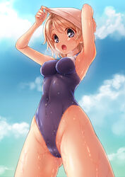  blue_eyes blue_one-piece_swimsuit breath cloud commentary_request competition_swimsuit covered_navel cowboy_shot day female from_below grey_hair highleg highleg_swimsuit highres love_live! love_live!_sunshine!! one-piece_swimsuit open_mouth outdoors removing_hat shimashima_salmon short_hair sky solo swim_cap swimsuit watanabe_you wet wet_clothes wet_swimsuit 