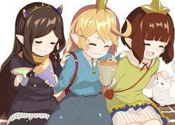  3girls :d ^_^ alternate_costume arulumaya bad_id bad_twitter_id blonde_hair bridgette_(granblue_fantasy) brown_hair casual charlotta_(granblue_fantasy) closed_eyes collared_shirt commentary crepe crown dress feline food food_on_face frills girl_sandwich granblue_fantasy harvin headpat long_hair multiple_girls o_(rakkasei) open_mouth pointy_ears sandwiched scarf shirt short_hair skirt smile 