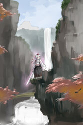  animal_ears blue_sky branch bridge commentary_request day detached_sleeves female hat high_collar highres inubashiri_momiji kuriyama5422 ledge long_skirt looking_away midriff outdoors pom_pom_(clothes) red_eyes rock skirt sky solo sword tokin_hat touhou unsheathed water waterfall weapon white_hair wolf_ears 