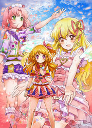  3girls aikatsu! aikatsu!_(series) blonde_hair blush brown_hair commentary_request dress flower green_eyes hair_flower hair_ornament hair_ribbon highres hoshimiya_ichigo kitaoji_sakura long_hair md5_mismatch multiple_girls one_side_up open_mouth ozora_akari pink_hair red_eyes resolution_mismatch ribbon short_hair shorts skirt smile source_smaller tetsujin_momoko 